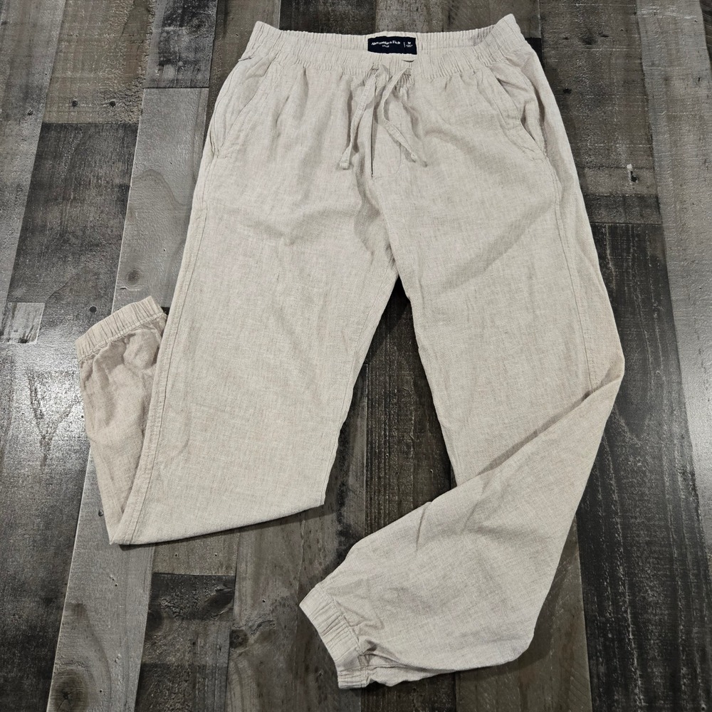 Abercrombie & Fitch Linen-Blend Jogger Pants Men's Oatmeal Tan Casual Pull-On M
